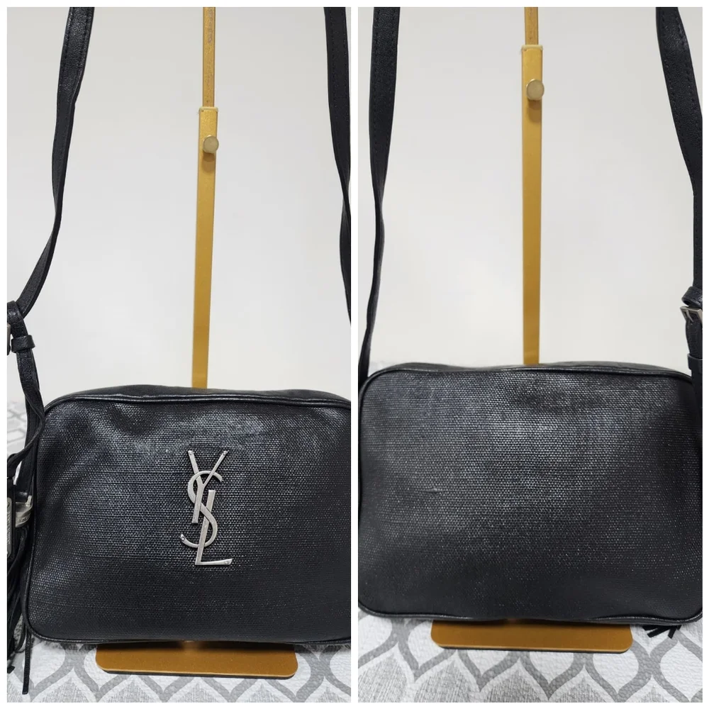 YVES SAINT LAURENT Lou Camera Raffia Canvas Crossbody Bag Black